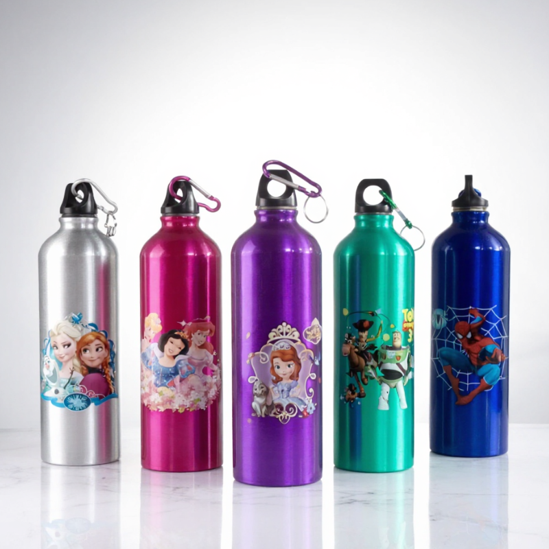1000ml Metal Character Water Bottle – 1 Litre Kids Cartoon Bottle | Durable & Leak-Proof (Random Design/Color-Pack of 1)