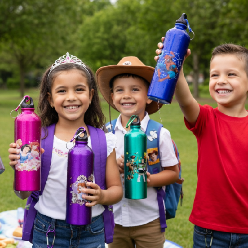 1000ml Metal Character Water Bottle – 1 Litre Kids Cartoon Bottle | Durable & Leak-Proof (Random Design/Color-Pack of 1)