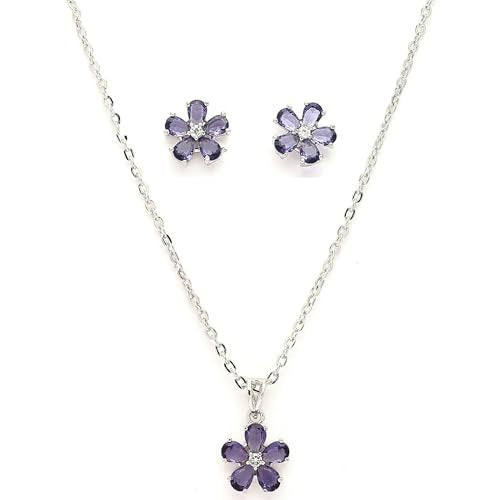 Buy ZENEME Rhodium Plated Silver Toned American Diamond Studded Floral Shaped Pendant Chain With Earrings Jewellery Set For Women And Girls (Purple) at Amazon.in
