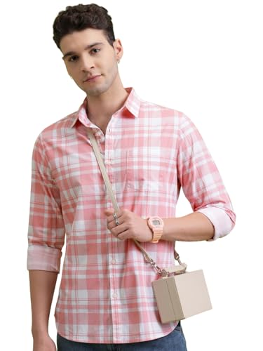 Highlander Men Cotton Slim Fit Shirt (PHSH000014_LT Pink/White L) : Amazon.in: Clothing & Accessories