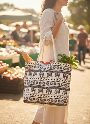 Buy PARA BOLA Large Canvas Tote Bag with Elephant Print – Reusable Grocery Bag, Eco-Friendly Shopping Bag, Travel Beach Tote with Durable Handles & Spacious Interior – 18x15 Inch Sturdy Shoulder Bag at Amazon.in