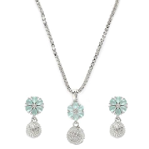 Buy ZENEME Womens Rhodium-Plated Silver Toned Green Cubic Zirconia Studded Floral Shaped Cute Pendant With Earrings Jewellery at Amazon.in