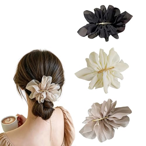 ZIBUYU® 3 PC Chiffon Large Flower Hair Clips for Women, French Barrette Pins for Low Ponytail, Hair Clutcher Accessories for Women Stylish in White, Beige, Black for Daily, Parties, and Girls Gifts : Amazon.in: Jewellery