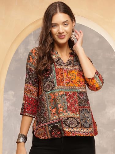 Buy BELLATELA BT Women's Short Kurti in TopsTunic Rayon Cotton Blend | Ladies Ethnic Tunic (in, Alpha, M, Regular, Slim Girls, Kesar-Multicolor) at Amazon.in