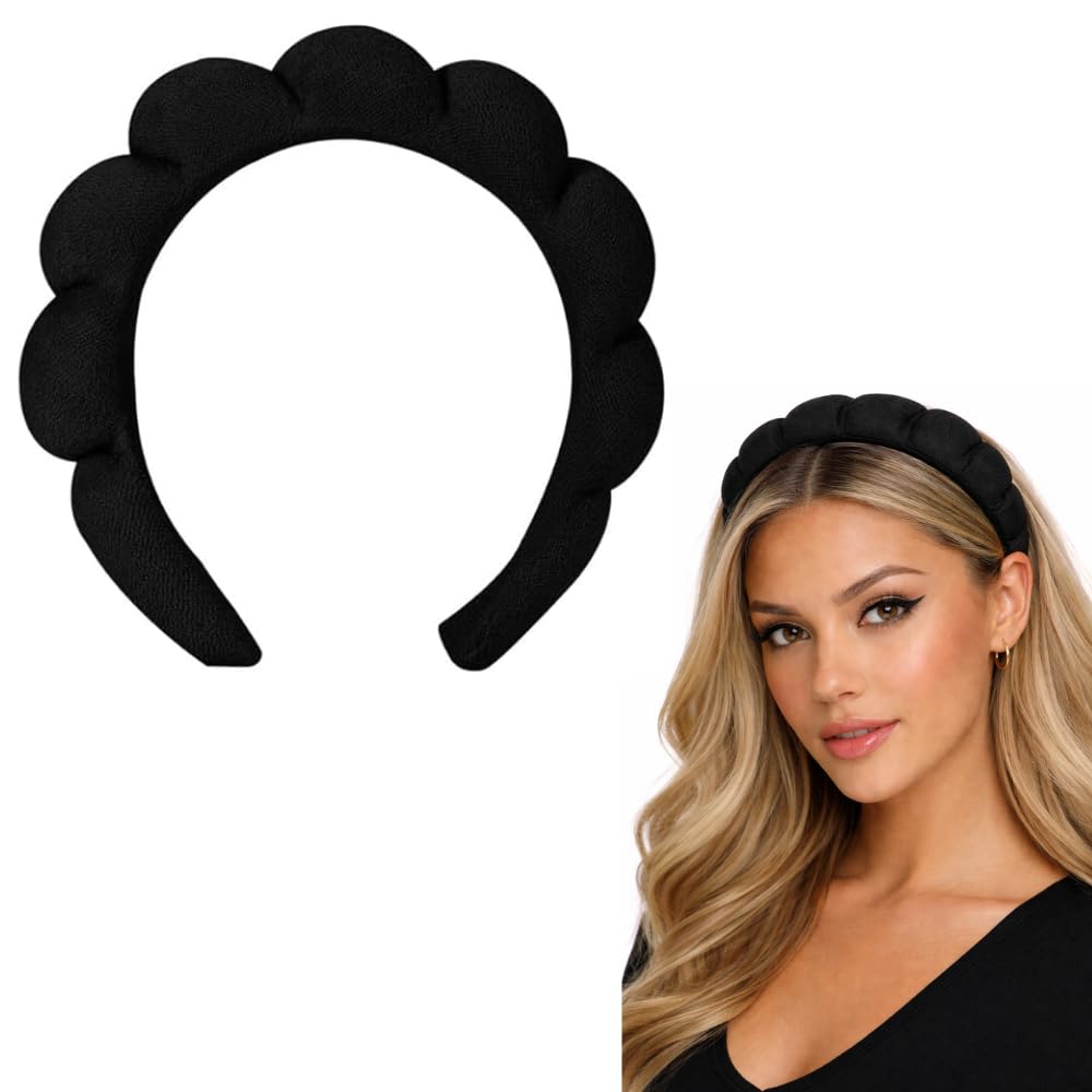 Seeotwo Makeup Spa Hairband | Black Multi Style Soft Sponge Face Wash Facial Headband | Fashion Yoga Hair Hoop Band for Women, and Girls (1 Piece) (Puffy)