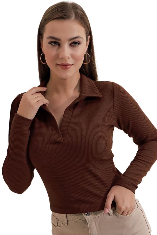Dream Beauty Fashion Women's Polyester Collared Neck Long Sleeve Slim Fit Casual Tee Top, 23" Inches (Apple-01-Coffe Brown-Xl) : Amazon.in: Clothing & Accessories