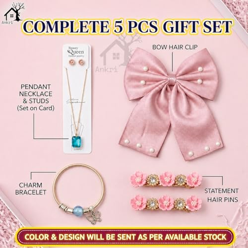 Buy 5 Pcs Trendy Hair Accessories & Jewelry Gift Set for Girls & Women, Hair Bow, Jewellery Set, Pendant Necklace with Earrings, Flower Hair Pins, Charm Bracelet, White Gift Box Included, Random Designs as per Latest Trend at Amazon.in
