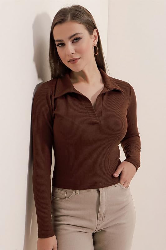 Dream Beauty Fashion Women's Polyester Collared Neck Long Sleeve Slim Fit Casual Tee Top, 23" Inches (Apple-01-Coffe Brown-Xl) : Amazon.in: Clothing & Accessories