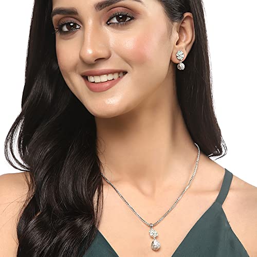 Buy ZENEME Womens Rhodium-Plated Silver Toned Green Cubic Zirconia Studded Floral Shaped Cute Pendant With Earrings Jewellery at Amazon.in