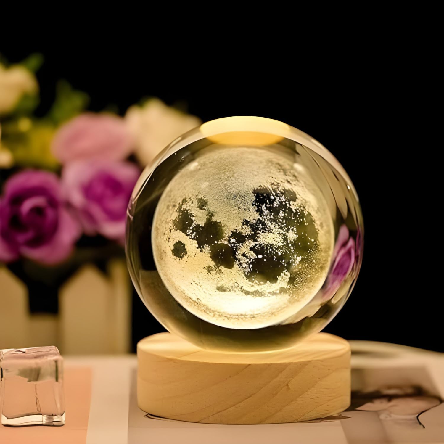 One94Store 3D Crystal Moon Lamp | Engraved Crystal Ball LED Night Light with Wooden Base, USB Powered | Romantic Home Décor & Valentine Day Gift for Her, Him & Couples (Warm White)