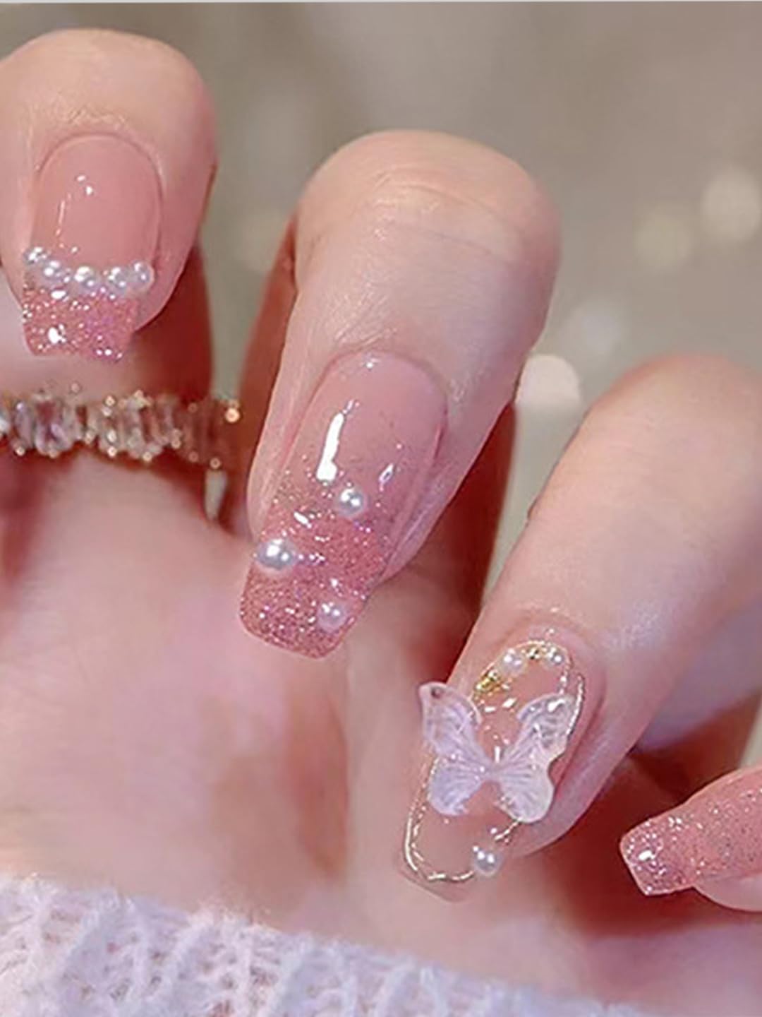 acrylic translucent press on nails artifical designer 3D white bow & pearl with pink glitter color nails extension 12 pieces combo set with kit beautiful fake false nails(Nail Art Pack of- 1)