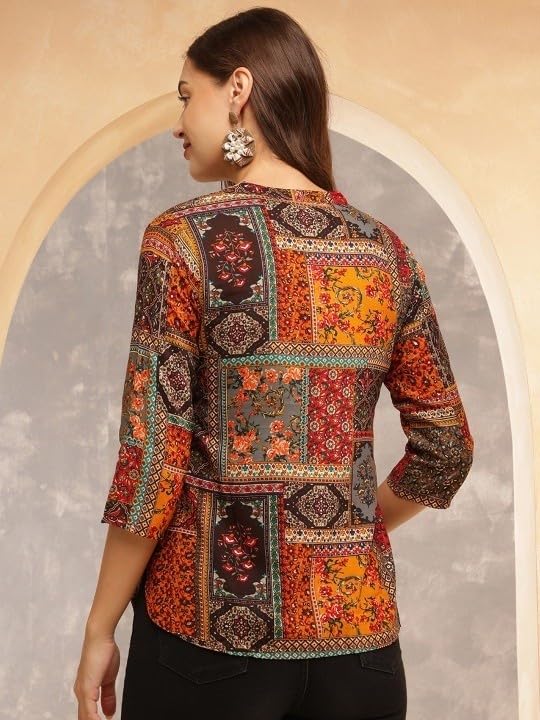Buy BELLATELA BT Women's Short Kurti in TopsTunic Rayon Cotton Blend | Ladies Ethnic Tunic (in, Alpha, M, Regular, Slim Girls, Kesar-Multicolor) at Amazon.in