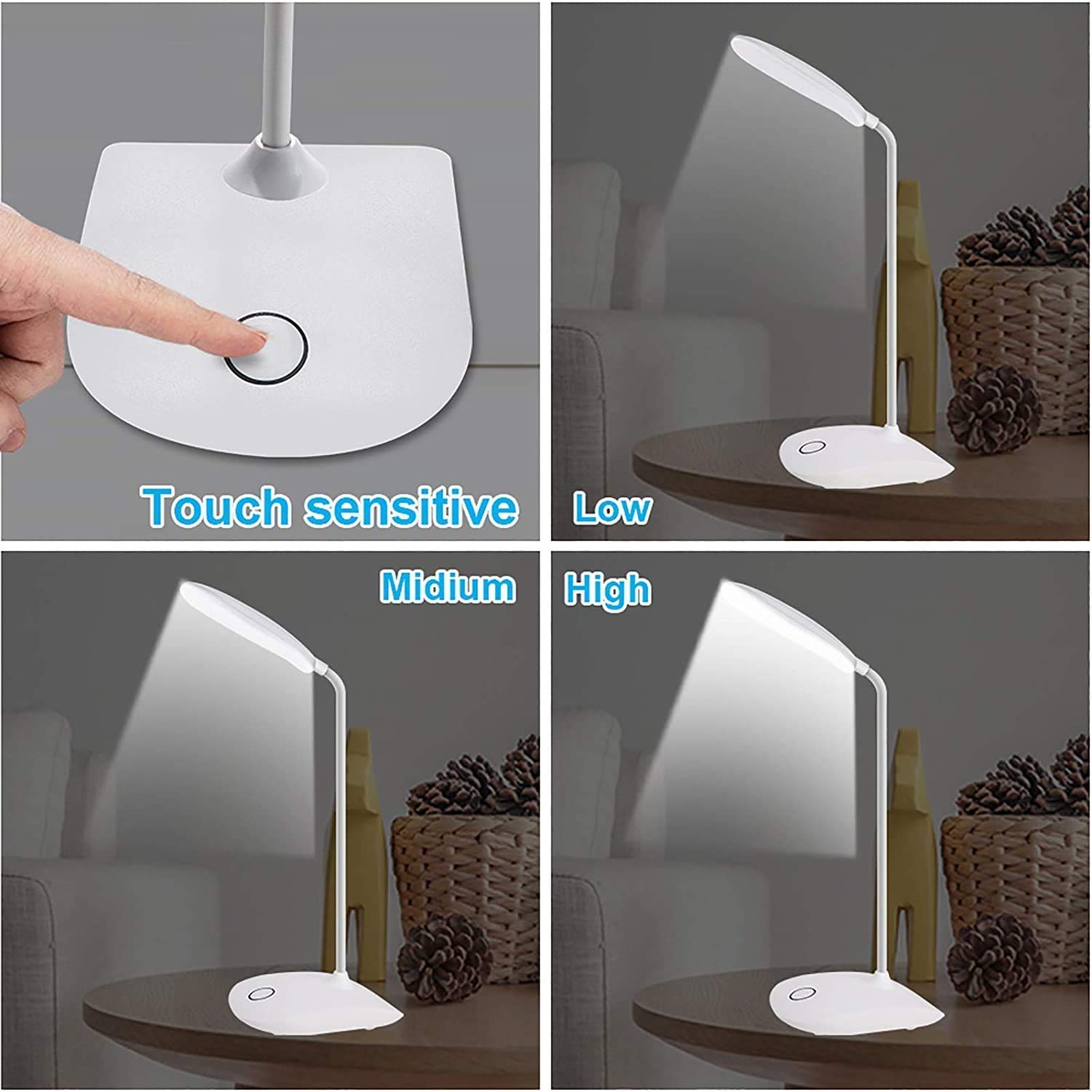 Touch LED Table Lamp With USB Cable – Adjustable Height Bedside Night Light with Polished Finish for Bedroom (Random color)