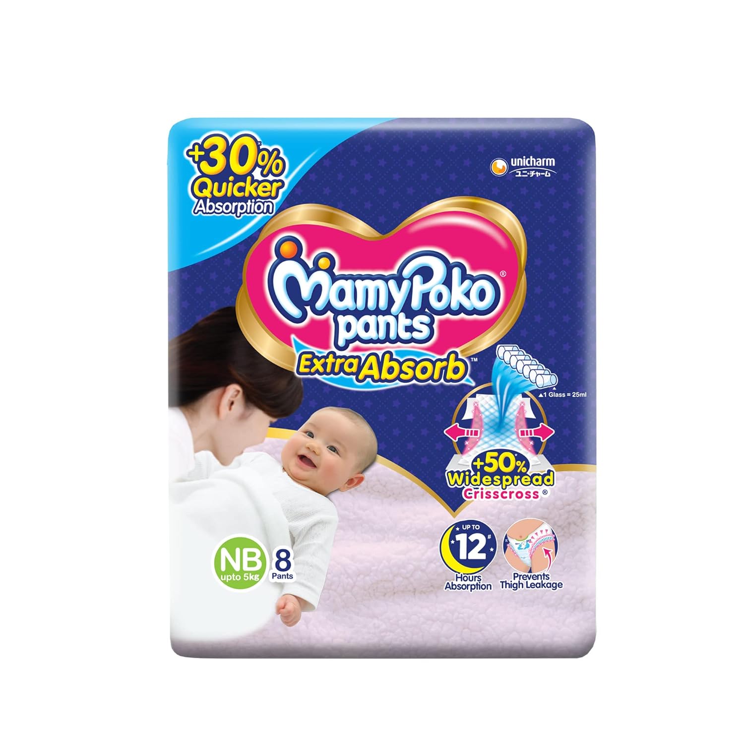 MamyPoko Pants Extra Absorb Baby Diapers, New Born/X-Small (NB/XS), 8 Count, Upto 5kg