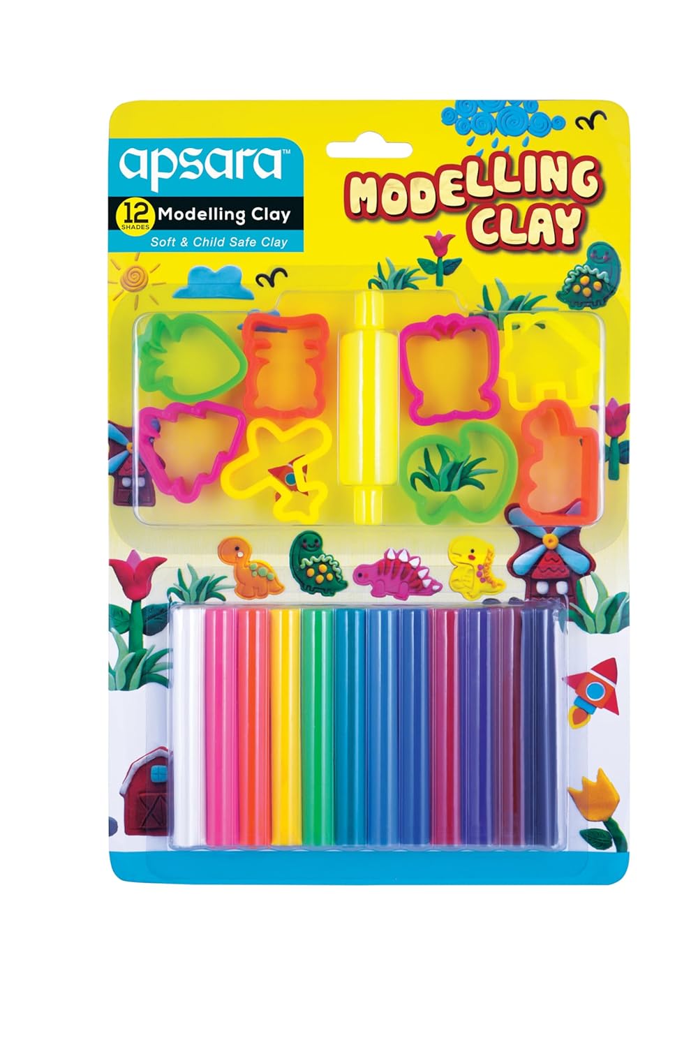 Apsara Non-Toxic Super Soft 12 Shades Modelling Clay Multicolour Pack | Soft, Non-Drying, Hygienic & Non-Sticky | Includes 8 Toys & 1 Roller | Pack of 1