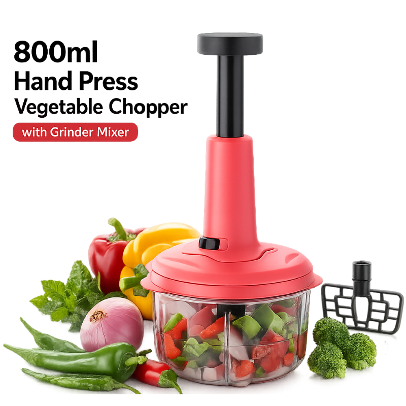 800ml Hand Press Vegetable Chopper with Grinder Mixer – Manual Food Chopper with Steel Blades (Random color-Pack of 1)
