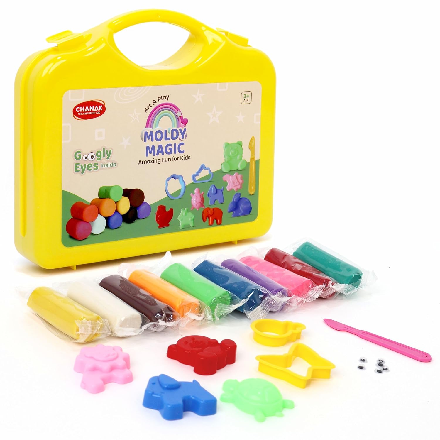 Chanak Moldy Magic Creative Art & Craft Playdough with Foldable Suitcase, Air Dry Clay for Toddlers & Kids Age 3+, Includes 10 Colorful Dough 25gm Each & 13 Sculpting Tools, Non Toxic & Non Sticky