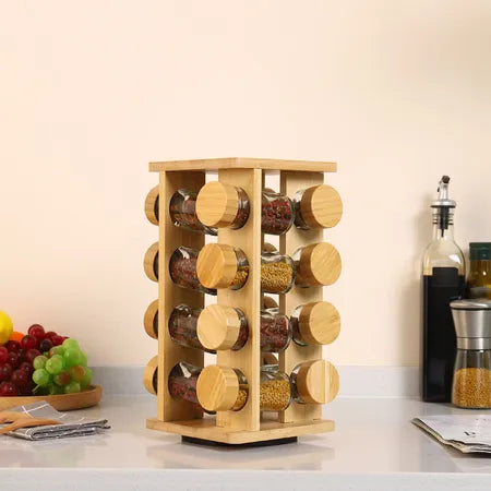 Wooden Spice Rotating Wooden Rack w/ 16 Glass Spice Jars | Kitchenware | Homeware & Lifestyle Essentials