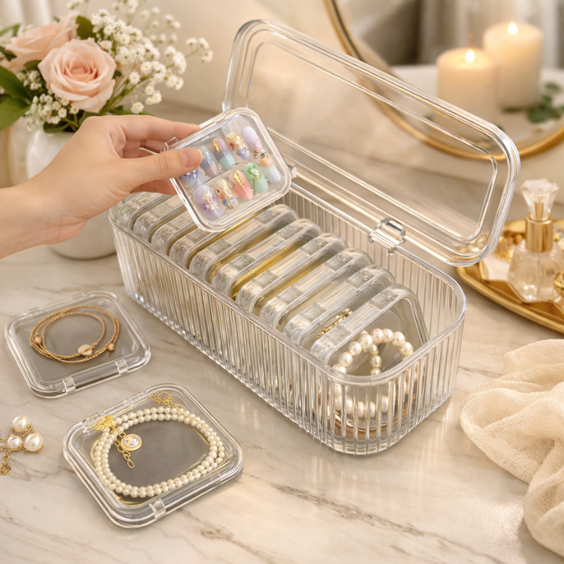 Acrylic Jewelry Organizer Box | Transparent 10-Compartment Storage Case for Earrings, Rings, Necklaces & Nails