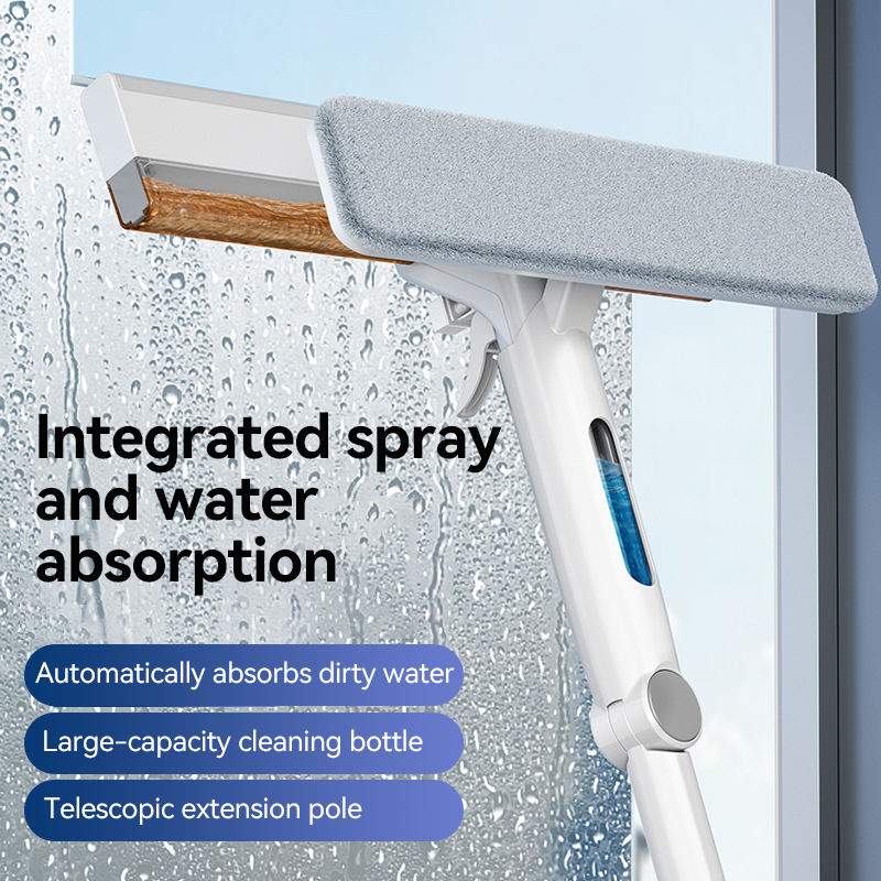 4-in-1 New Double-Sided Household Glass Wiper Squeegee with Water Collector and Retractable Spray Window Cleaner