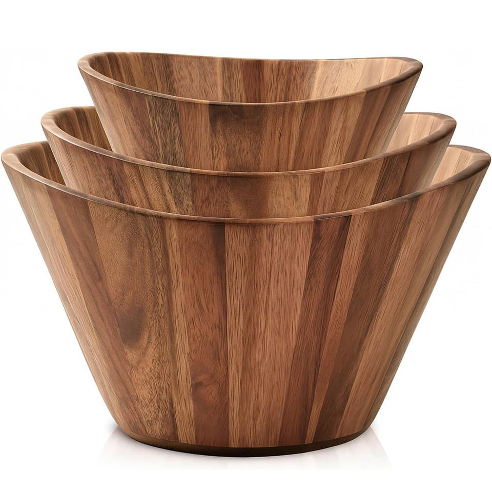 FLYWOD Trending Product 2026 Natural Wooden Salad Bowl Set Large Acacia Wood Bowl Salad Mixing Wooden Bowl