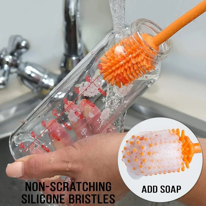 Silicone Bottle Cleaning Brush with Long Handle – Flexible, Non-Scratch Brush for Baby Bottles, Water Bottles, Containers, Vases & Glasses (Random Color-Pack of 1)