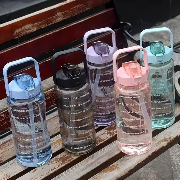 2000ml Transparent Motivational Water Bottle with Time Marker – Leakproof, Lightweight & Durable Plastic Sipper Bottle for Gym, Office & School(Random Color-Pack of 1)