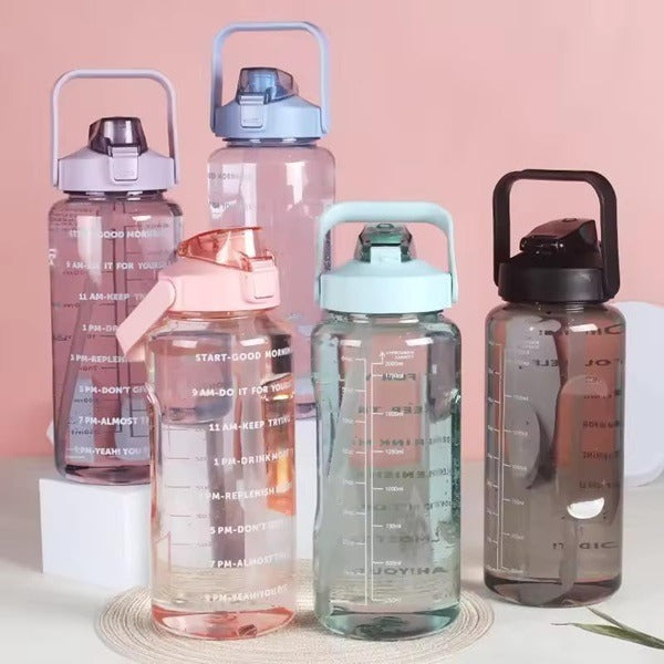 2000ml Transparent Motivational Water Bottle with Time Marker – Leakproof, Lightweight & Durable Plastic Sipper Bottle for Gym, Office & School(Random Color-Pack of 1)