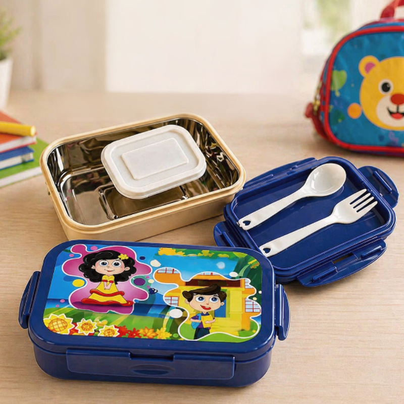 Kids Stainless Steel Lunch Box | Durable Inner Steel Tiffin with Plastic Outer | Easy Clean School Lunch Box (Random Color- Pack of 1)