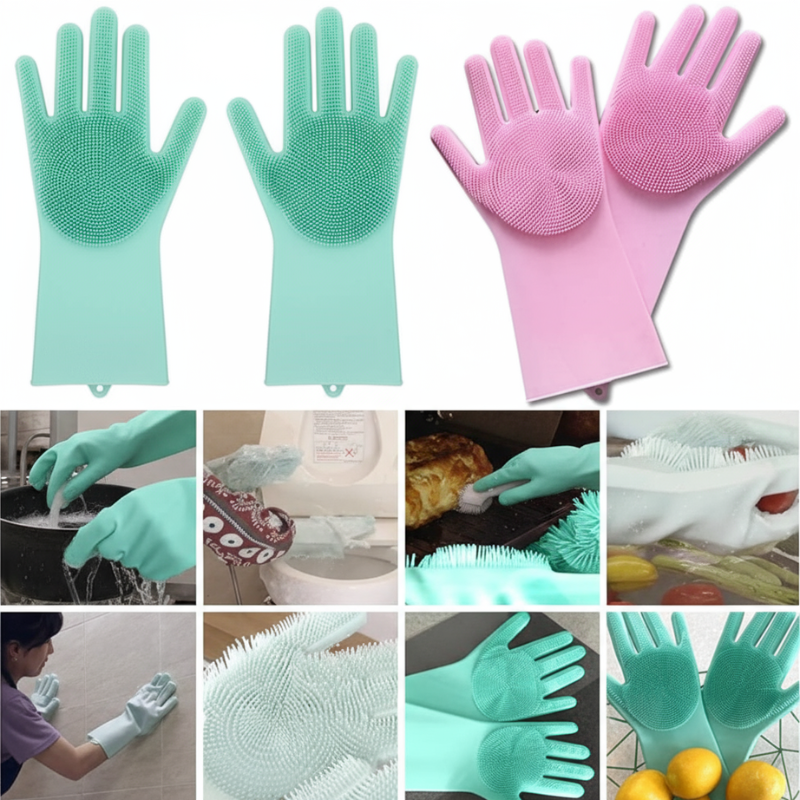 Multipurpose Silicone Scrubbing Hand Gloves for Dishwashing & Cleaning – Heat Resistant, Reusable & Non-Slip (Random Color- Pack of 1 Pair)