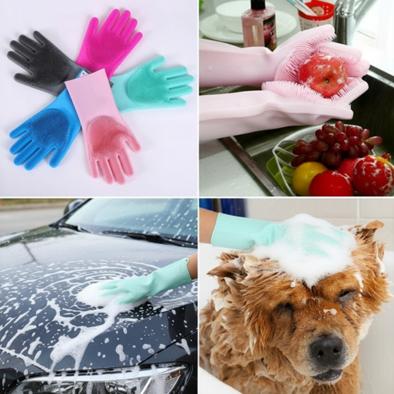 Multipurpose Silicone Scrubbing Hand Gloves for Dishwashing & Cleaning – Heat Resistant, Reusable & Non-Slip (Random Color- Pack of 1 Pair)