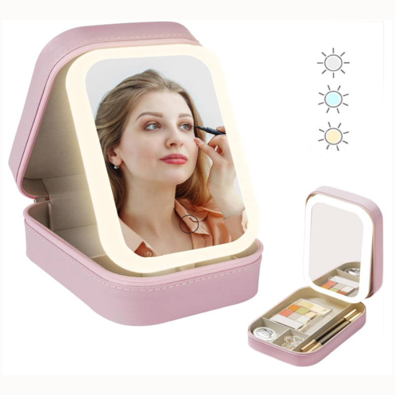 Travel Makeup Case with Lighted Mirror | Portable Cosmetic Organizer with LED Mirror for Makeup & Travel (Random Color-Pack of 1)