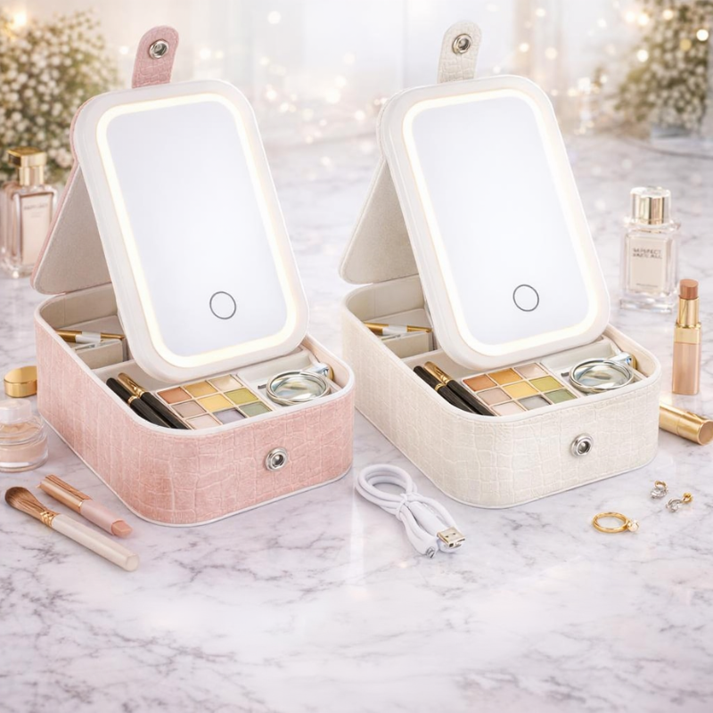 Travel Makeup Case with Lighted Mirror | Portable Cosmetic Organizer with LED Mirror for Makeup & Travel (Random Color-Pack of 1)