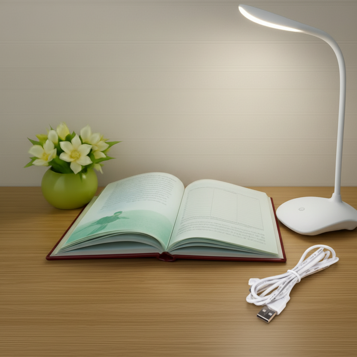 Touch LED Table Lamp With USB Cable – Adjustable Height Bedside Night Light with Polished Finish for Bedroom (Random color)