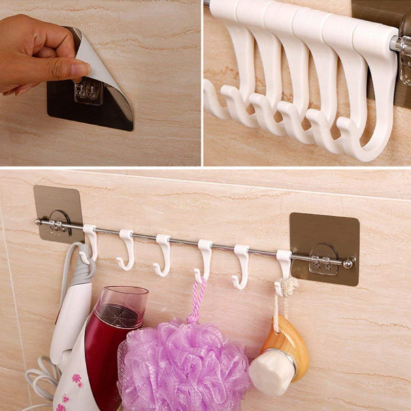 Plastic Magic Sticker Self Adhesive Towel Hanger Hook Rail – Multipurpose Bathroom & Kitchen Wall Hooks for Cups, Utensils & Accessories (Pack of 1)