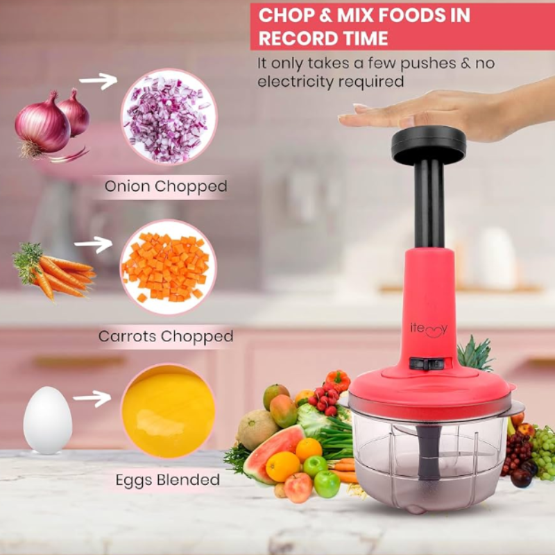 800ml Hand Press Vegetable Chopper with Grinder Mixer – Manual Food Chopper with Steel Blades (Random color-Pack of 1)